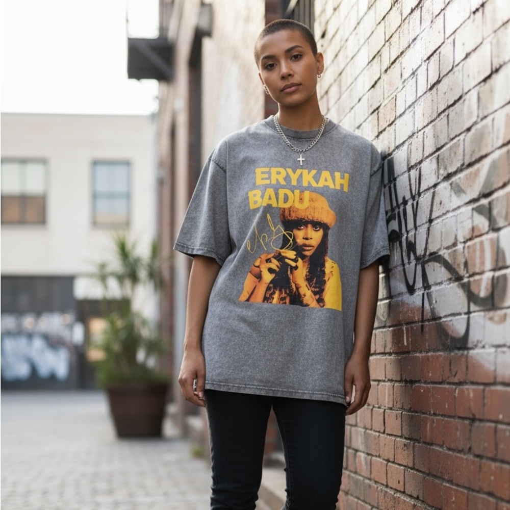 •Neo Soul Energy• Gray Washed Erykah Badu Unisex Tee - Picture 1 of 4